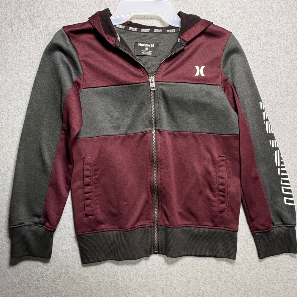 Hurley Boys H2O-Dri Full Zip Hoodie Burgundy Grey Colorblock Size M 10-12